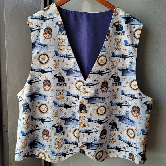 Vest Vintage Hand Crafted Navy Gold Tone Buttons XL Lightweight Graphic Ship - Picture 1 of 8